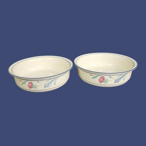 Lenox Poppies on‎ Blue Soup Cereal Bowls Lot of 2 Cream Chinastone USA Discontin - Picture 1 of 6